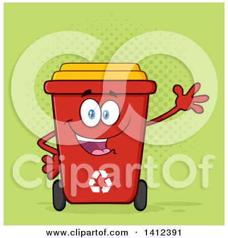 Clipart of a Cartoon Red Recycle Bin Character Waving over Green Halftone - Royalty Free Vector Illustration by Hit Toon