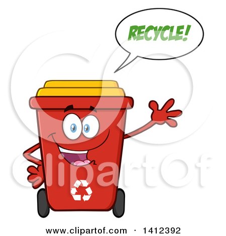 Clipart of a Cartoon Red Recycle Bin Character Waving and Talking - Royalty Free Vector Illustration by Hit Toon