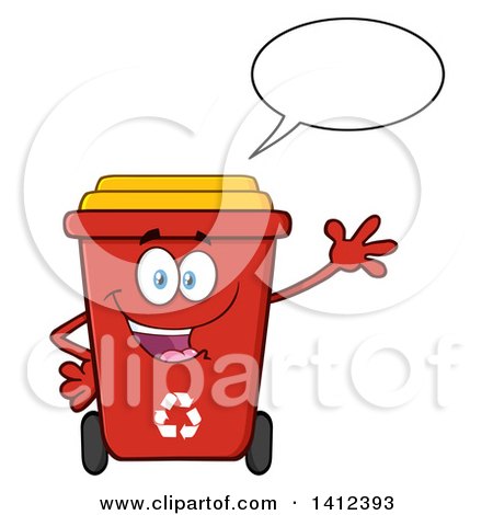 Clipart of a Cartoon Red Recycle Bin Character Waving and Talking - Royalty Free Vector Illustration by Hit Toon