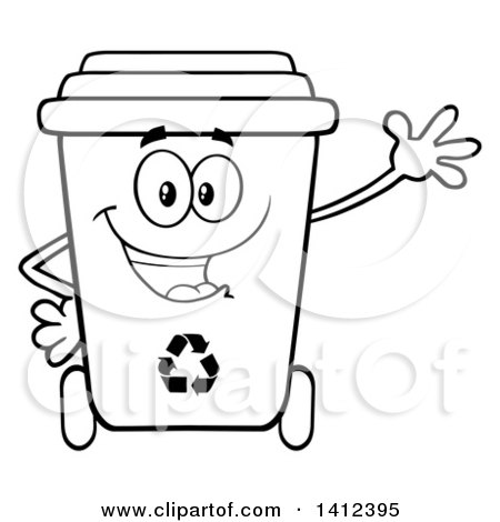 Clipart of a Cartoon Black and White Lineart Recycle Bin Character Waving - Royalty Free Vector Illustration by Hit Toon