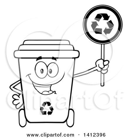 Clipart of a Cartoon Black and White Lineart Recycle Bin Character Holding a Sign - Royalty Free Vector Illustration by Hit Toon