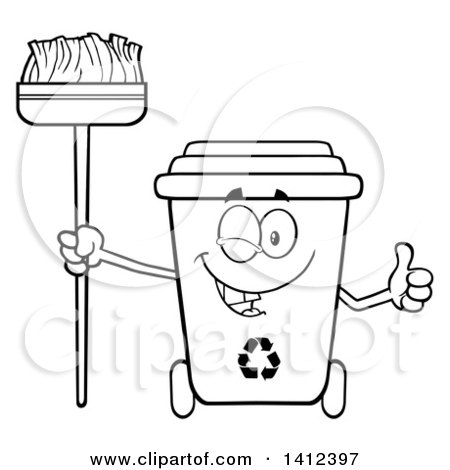 Clipart of a Cartoon Black and White Lineart Recycle Bin Character Winking, Giving a Thumb up and Holding a Broom - Royalty Free Vector Illustration by Hit Toon