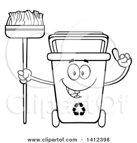 Clipart of a Cartoon Black and White Lineart Recycle Bin Character Holding up a Finger and a Broom - Royalty Free Vector Illustration by Hit Toon