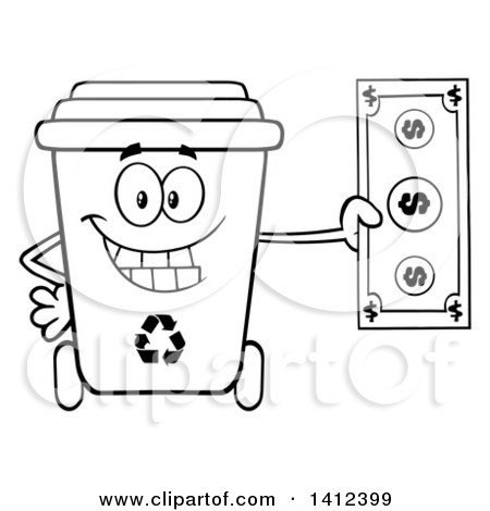 Clipart of a Cartoon Black and White Lineart Recycle Bin Character Holding Cash Money - Royalty Free Vector Illustration by Hit Toon