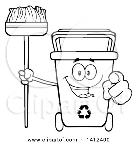 Clipart of a Cartoon Black and White Lineart Recycle Bin Character Holding a Broom and Pointing at You - Royalty Free Vector Illustration by Hit Toon