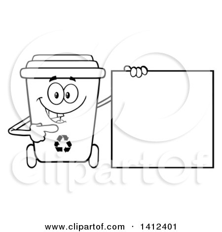 Clipart of a Cartoon Black and White Lineart Recycle Bin Character Holding a Blank Sign - Royalty Free Vector Illustration by Hit Toon