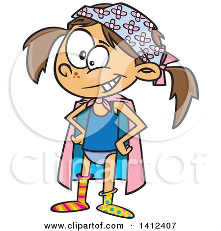 Clipart of a Cartoon Silly Brunette Caucasian Girl Dressed up As an Underwear Super Hero - Royalty Free Vector Illustration by toonaday