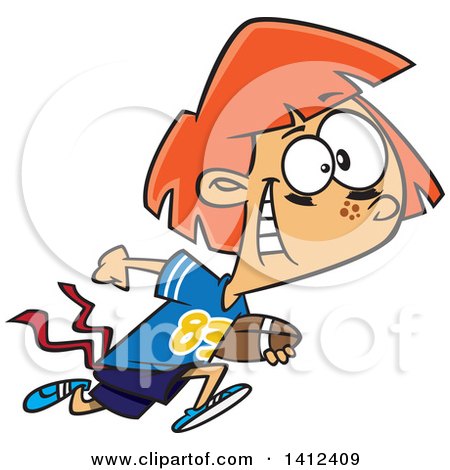 Clipart of a Cartoon Red Haired Caucasian Tom Boy Girl Playing Flag Football - Royalty Free Vector Illustration by toonaday