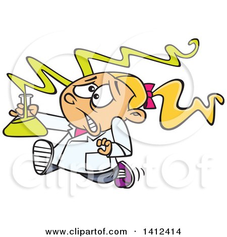 Clipart of a Cartoon Caucasian School Girl Running with a Dangerous Mix in Science Class - Royalty Free Vector Illustration by toonaday