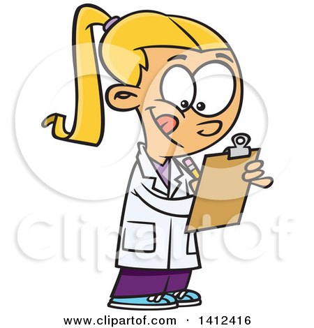 Clipart of a Cartoon Blond Caucasian School Girl Taking Notes in Science Class - Royalty Free Vector Illustration by toonaday
