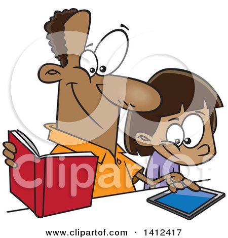 Clipart of a Cartoon Happy African American Father Teaching His Daughter How to Use a Tablet Computer - Royalty Free Vector Illustration by toonaday