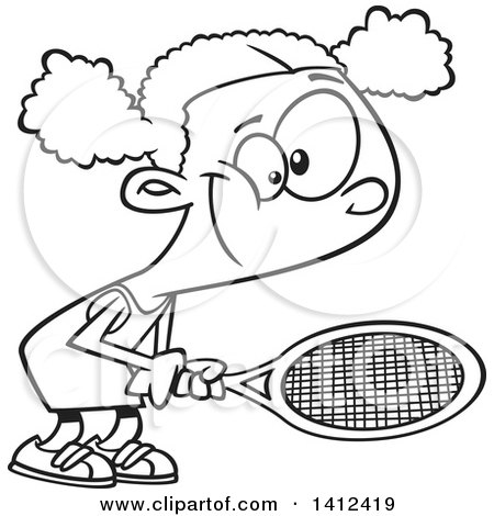 Clipart of a Cartoon Black and White Lineart African American Girl Playing Tennis - Royalty Free Vector Illustration by toonaday
