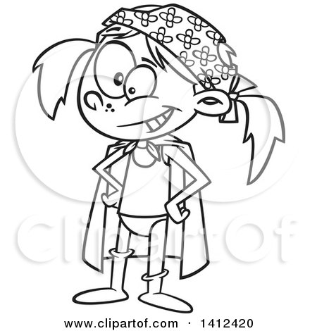 Clipart of a Cartoon Black and White Lineart Silly Girl Dressed up As an Underwear Super Hero - Royalty Free Vector Illustration by toonaday