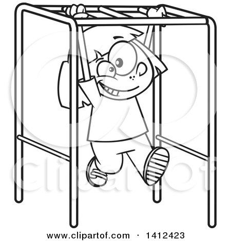 Clipart of a Cartoon Black and White Lineart School Girl Playing on Playground Monkey Bars - Royalty Free Vector Illustration by toonaday