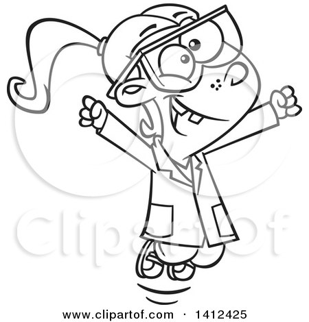 Clipart of a Cartoon Black and White Lineart School Girl Cheering in Science Class - Royalty Free Vector Illustration by toonaday