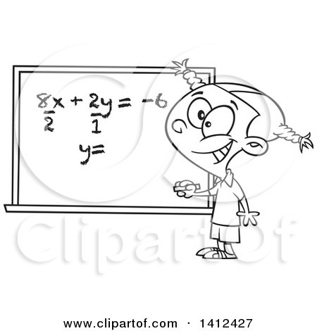 Clipart of a Cartoon Black and White Lineart School Girl Solfing a Math Equation on a Chalk Board - Royalty Free Vector Illustration by toonaday