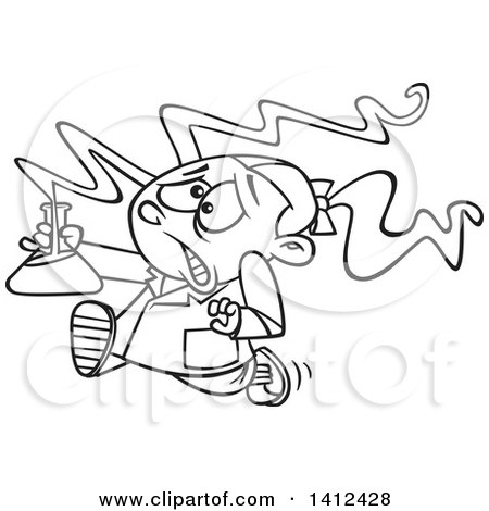 Clipart of a Cartoon Black and White Lineart School Girl Running with a Dangerous Mix in Science Class - Royalty Free Vector Illustration by toonaday