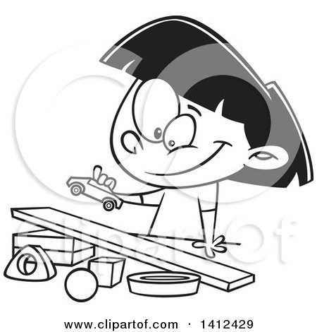 Clipart of a Cartoon Black and White Lineart Girl Playing with a Toy Car and Ramp - Royalty Free Vector Illustration by toonaday