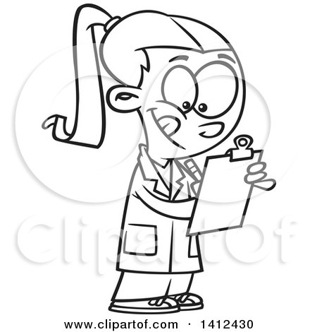 Clipart of a Cartoon Black and White Lineart School Girl Taking Notes in Science Class - Royalty Free Vector Illustration by toonaday