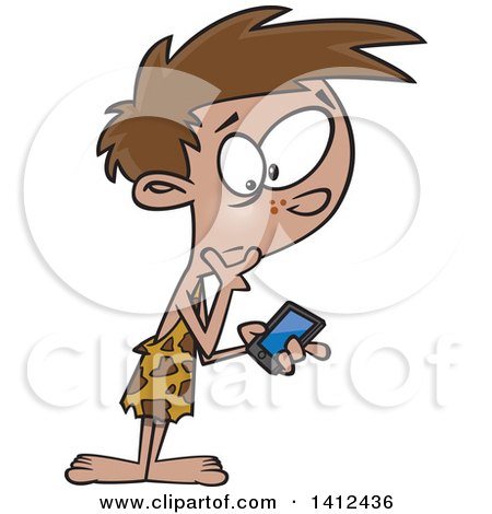 Clipart of a Cartoon Caveman Boy Discovering a Smart Phone - Royalty Free Vector Illustration by toonaday