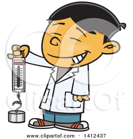 Clipart of a Cartoon Happy Asian School Boy Holding a Spring Scale - Royalty Free Vector Illustration by toonaday