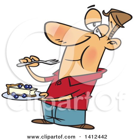 Clipart of a Cartoon Caucasian Man Eating Cheesecake - Royalty Free Vector Illustration by toonaday