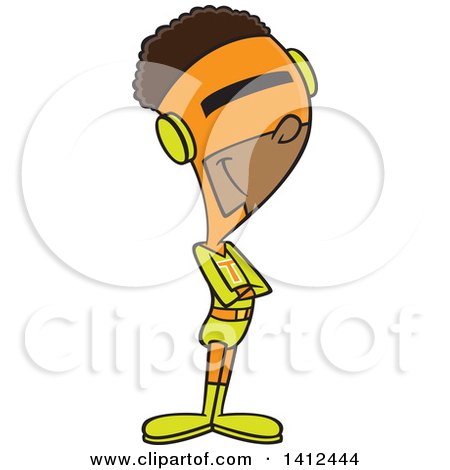Clipart of a Cartoon Super Black Man Standing with His Arms Folded - Royalty Free Vector Illustration by toonaday