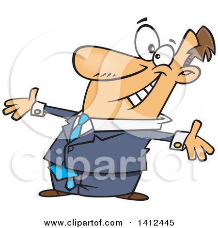 Clipart of a Cartoon Caucasian Businessman with Open Arms, Welcoming Applause - Royalty Free Vector Illustration by toonaday