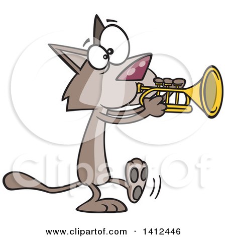 Clipart of a Cartoon Kitty Cat Walking and Playing a Trumpet - Royalty Free Vector Illustration by toonaday