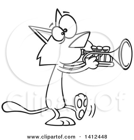 Clipart of a Cartoon Black and White Lineart Kitty Cat Walking and Playing a Trumpet - Royalty Free Vector Illustration by toonaday