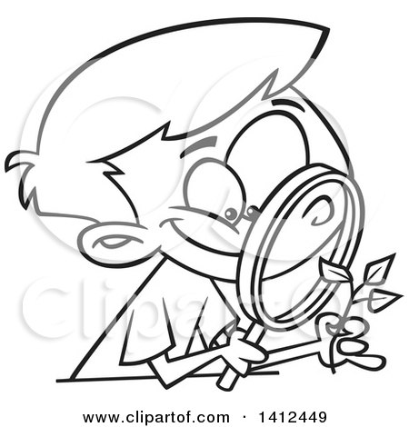 Clipart of a Cartoon Black and White Lineart Happy Boy Observing a Plant Through a Magnifying Glass - Royalty Free Vector Illustration by toonaday