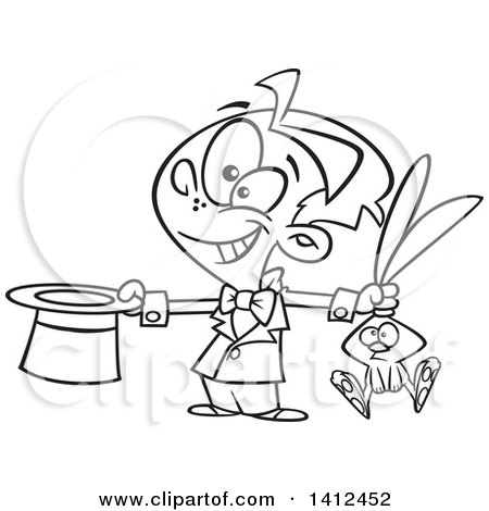 Clipart of a Cartoon Black and White Lineart Happy Magician Boy Performing a Rabbit and Hat Trick - Royalty Free Vector Illustration by toonaday
