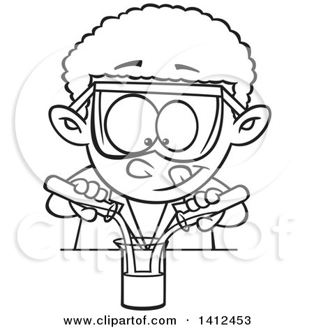 Clipart of a Cartoon Black and White Lineart African American School Boy Mixing Chemicals in Science Class - Royalty Free Vector Illustration by toonaday