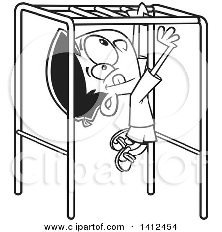 Clipart of a Cartoon Black and White Lineart Boy Playing on Playground Monkey Bars - Royalty Free Vector Illustration by toonaday