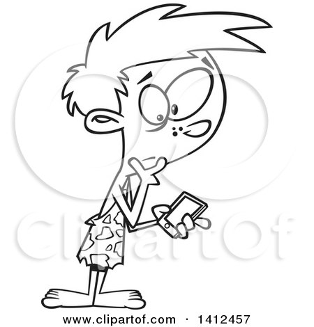Clipart of a Cartoon Black and White Lineart Caveman Boy Discovering a Smart Phone - Royalty Free Vector Illustration by toonaday