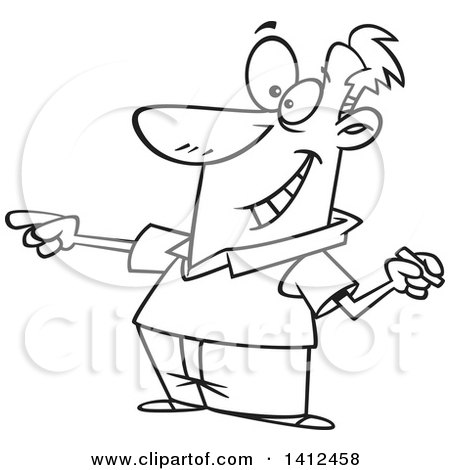 Clipart of a Cartoon Black and White Lineart Enthusiastic Male Teacher Holding Chalk and Calling on a Student - Royalty Free Vector Illustration by toonaday