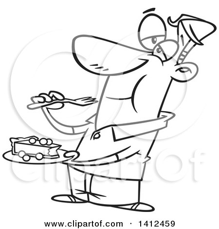 Clipart of a Cartoon Black and White Lineart Man Eating Cheesecake - Royalty Free Vector Illustration by toonaday