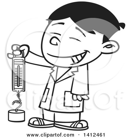 Clipart of a Cartoon Black and White Lineart Happy Asian School Boy Holding a Spring Scale - Royalty Free Vector Illustration by toonaday