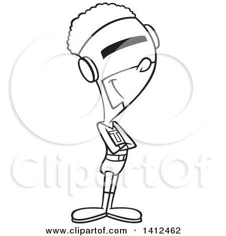 Clipart of a Cartoon Black and White Lineart African American Super Man Standing with His Arms Folded - Royalty Free Vector Illustration by toonaday