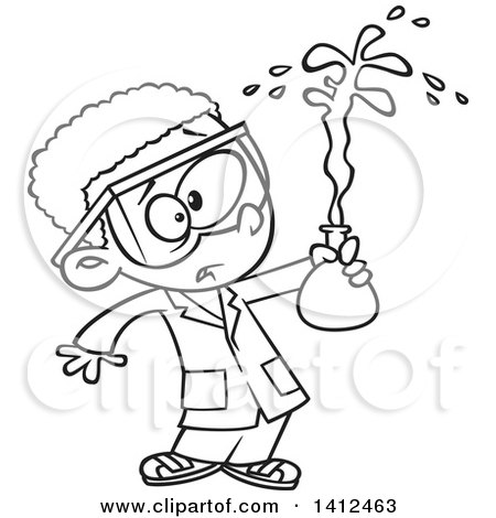Clipart of a Cartoon Black and White Lineart African American School Boy Holding a Bad Chemistry Mix in Science Class - Royalty Free Vector Illustration by toonaday