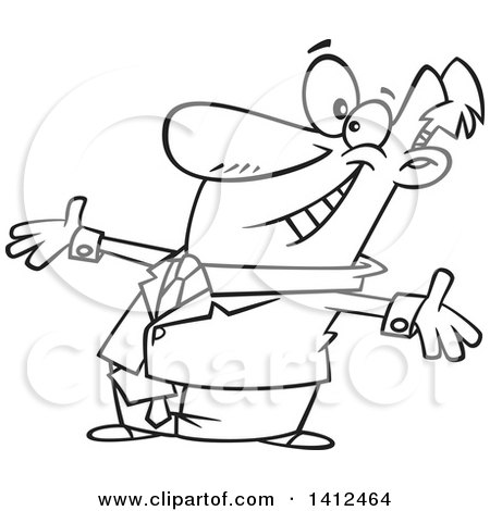Clipart of a Cartoon Black and White Lineart Businessman with Open Arms, Welcoming Applause - Royalty Free Vector Illustration by toonaday
