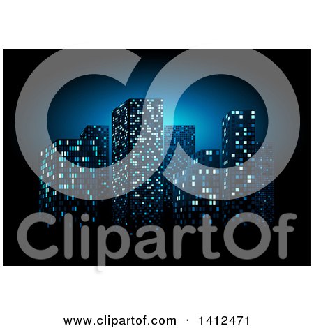 Clipart of a City Skyline with Blue Lights on Black - Royalty Free Vector Illustration by dero