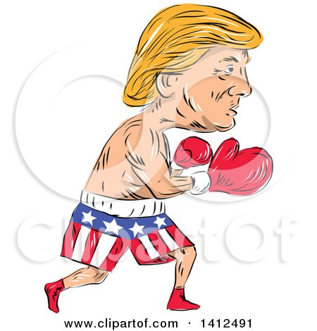 Clipart of a Sketched Caricature of a Boxing Donald Trump in American Shorts - Royalty Free Vector Illustration by patrimonio