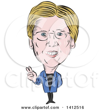 Clipart of a Sketched Caricature of Elizabeth Ann Warren, American Senator of the Democratic Party Gesturing Peace - Royalty Free Vector Illustration by patrimonio