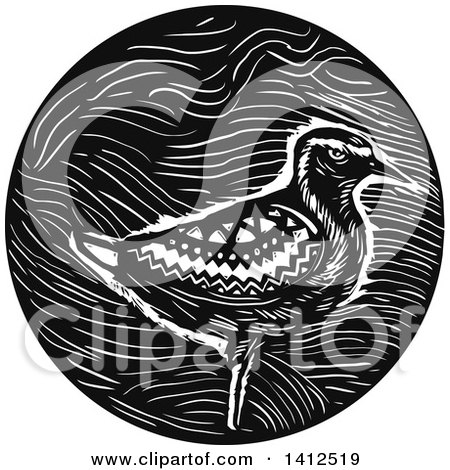 Clipart of a Retro Black and White Pacific Golden Plover Bird in a Circle - Royalty Free Vector Illustration by patrimonio