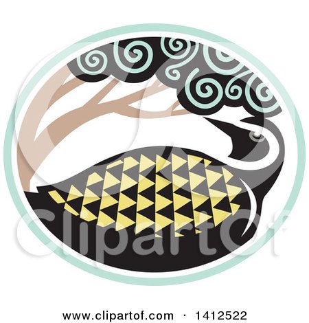 Clipart of a Retro Tribal Style Pacific Golden Plover Bird Under a Tree in a Sea Green and White Oval - Royalty Free Vector Illustration by patrimonio