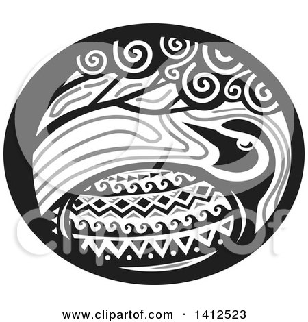 Clipart of a Retro Grayscale Tribal Style Pacific Golden Plover Bird Under a Tree in an Oval - Royalty Free Vector Illustration by patrimonio