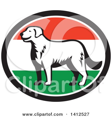 Clipart of a Retro Woodcut Kuvasz Dog in a Hungary Flag Oval - Royalty Free Vector Illustration by patrimonio