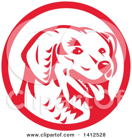 Clipart of a Retro Woodcut Kuvasz Dog Head Panting in a Red and White Circle - Royalty Free Vector Illustration by patrimonio