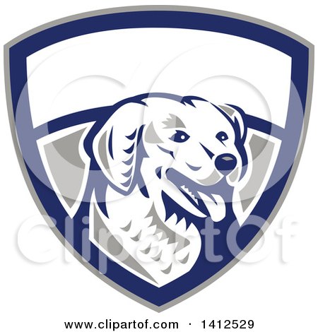 Clipart of a Retro Woodcut Kuvasz Dog Head Panting in a Gray Blue and White Shield - Royalty Free Vector Illustration by patrimonio